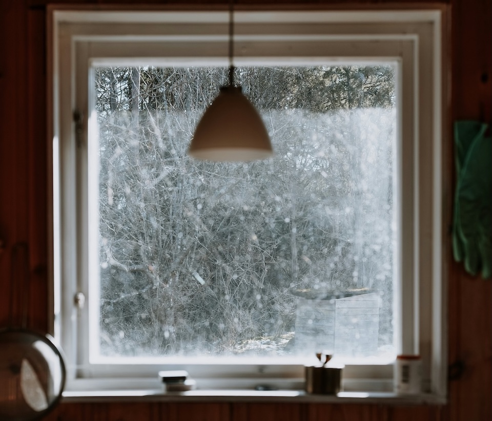 window facing snow-covered trees