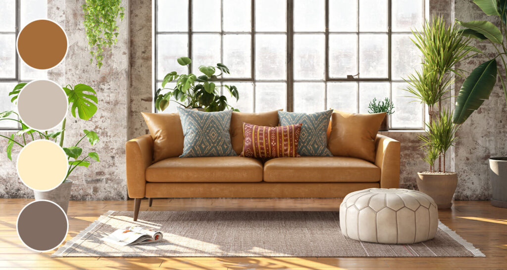A brown couch in a sunny living room done in earthy neutrals