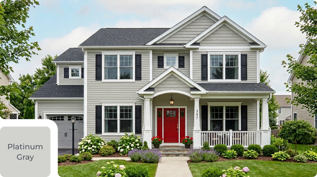 contemporary home with gray siding and red front door
