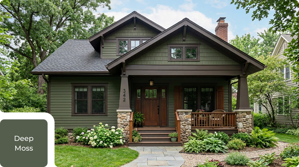Craftsman home with green siding and wood details