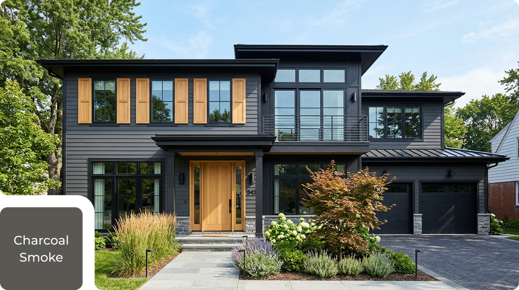 modern home with black siding and wood details