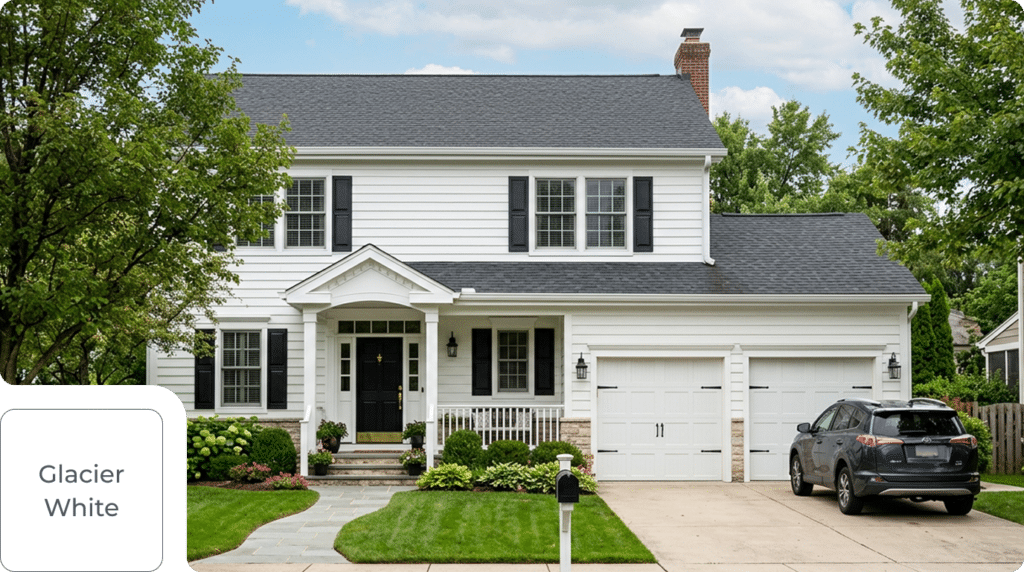 traditional home with white siding and black shutters